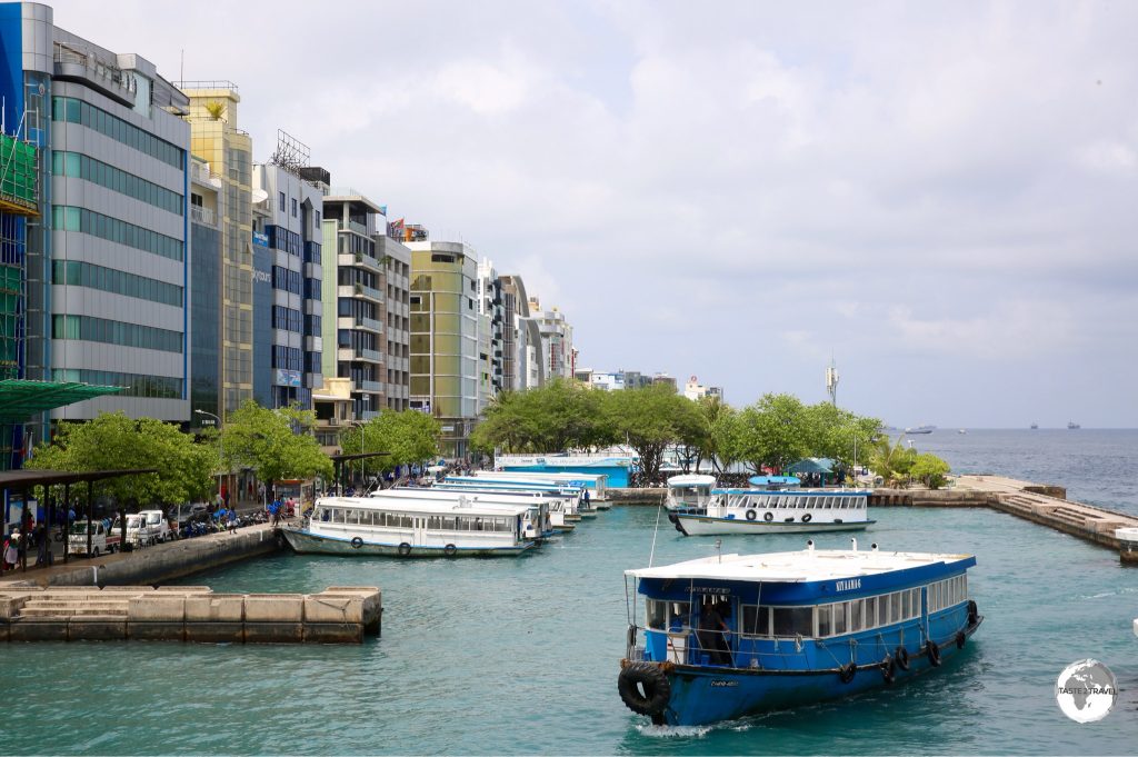 The airport ferry dock and waterfront in downtown Malé.