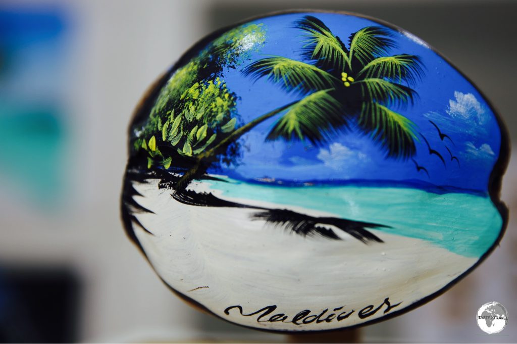Painted coconut souvenir from the art studio of Ibrahim Shinaz of Maafushi Island.