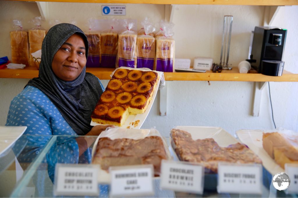 Suzy runs the 'Fine Bake' bakery on the main street in Maafushi. Her cakes are amazing - especially her Upside-down Pineapple cake.