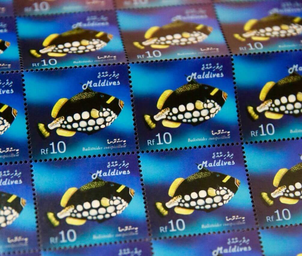 The artwork on Maldivian stamps reflect local themes such as the colourful marine life with this issue featuring the Clown Triggerfish.