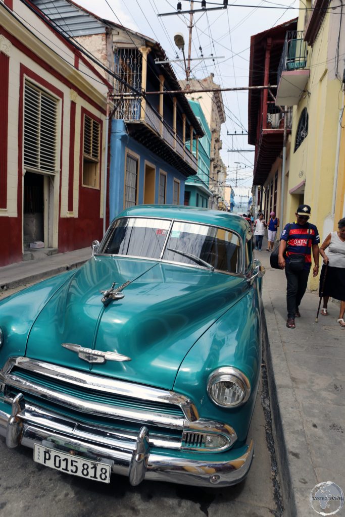 Typical street scene in the old town of Santiago de Cuba.