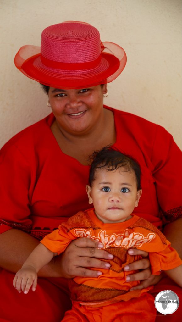 A mother and son attending church on 'Eua Island.