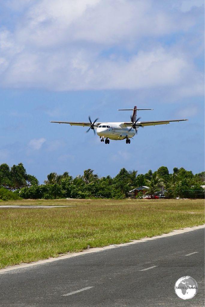 Fiji airways arriving on remote Tuvalu.