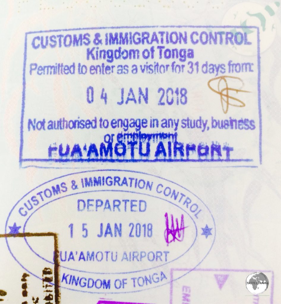 Tongan passport stamps.