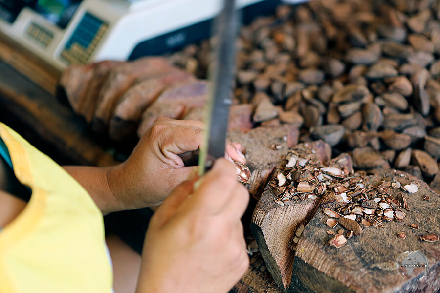 Unlike most nuts, the hard shell of the Brazil nut cannot be cracked open but must be cut from the nut - piece by piece.