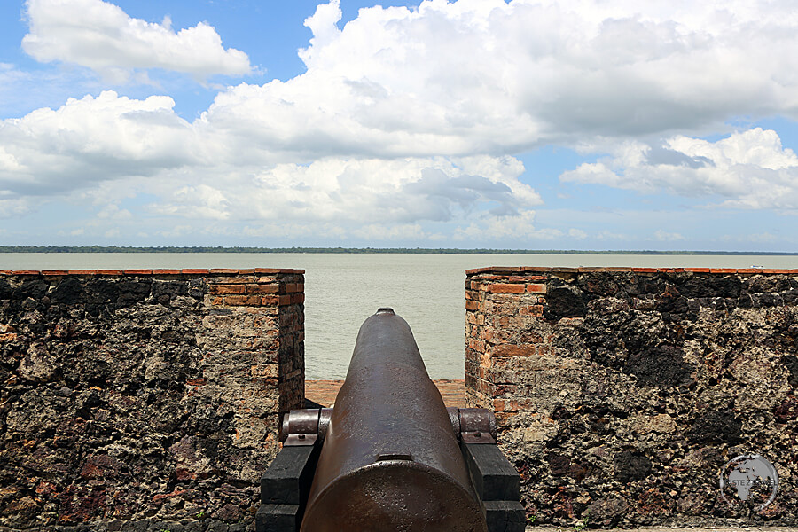 A Portuguese cannon overlooks the Amazon river from Presepio Fort in Belém, Brazil.