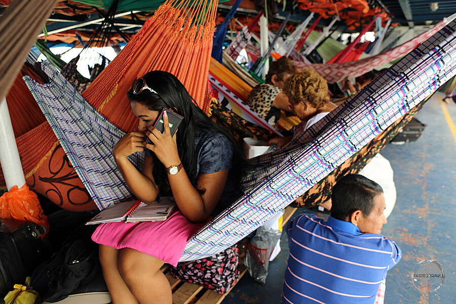 The very crowded 'hammock-class' on the M/V Sao Francisco de Paula which connects Macapá and Belém.