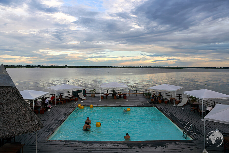 The swimming pool at the floating "Al Frio y al Fuego" restaurant, which lies in the middle of the Amazon river in Iquitos, Peru.