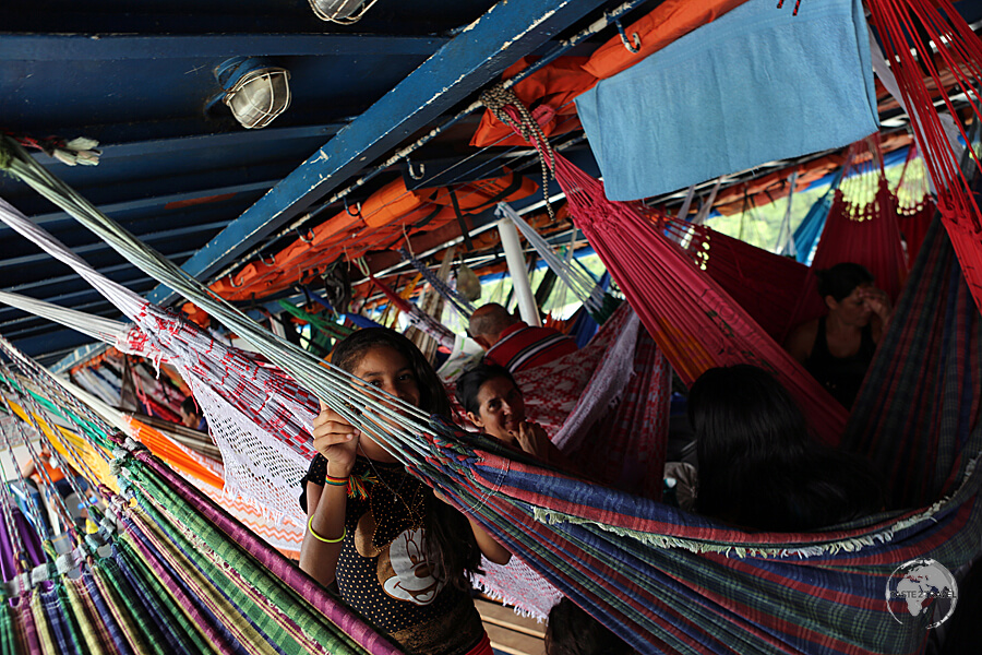 The very crowded 'hammock-class', on my slow boat from Belem to Macapa.