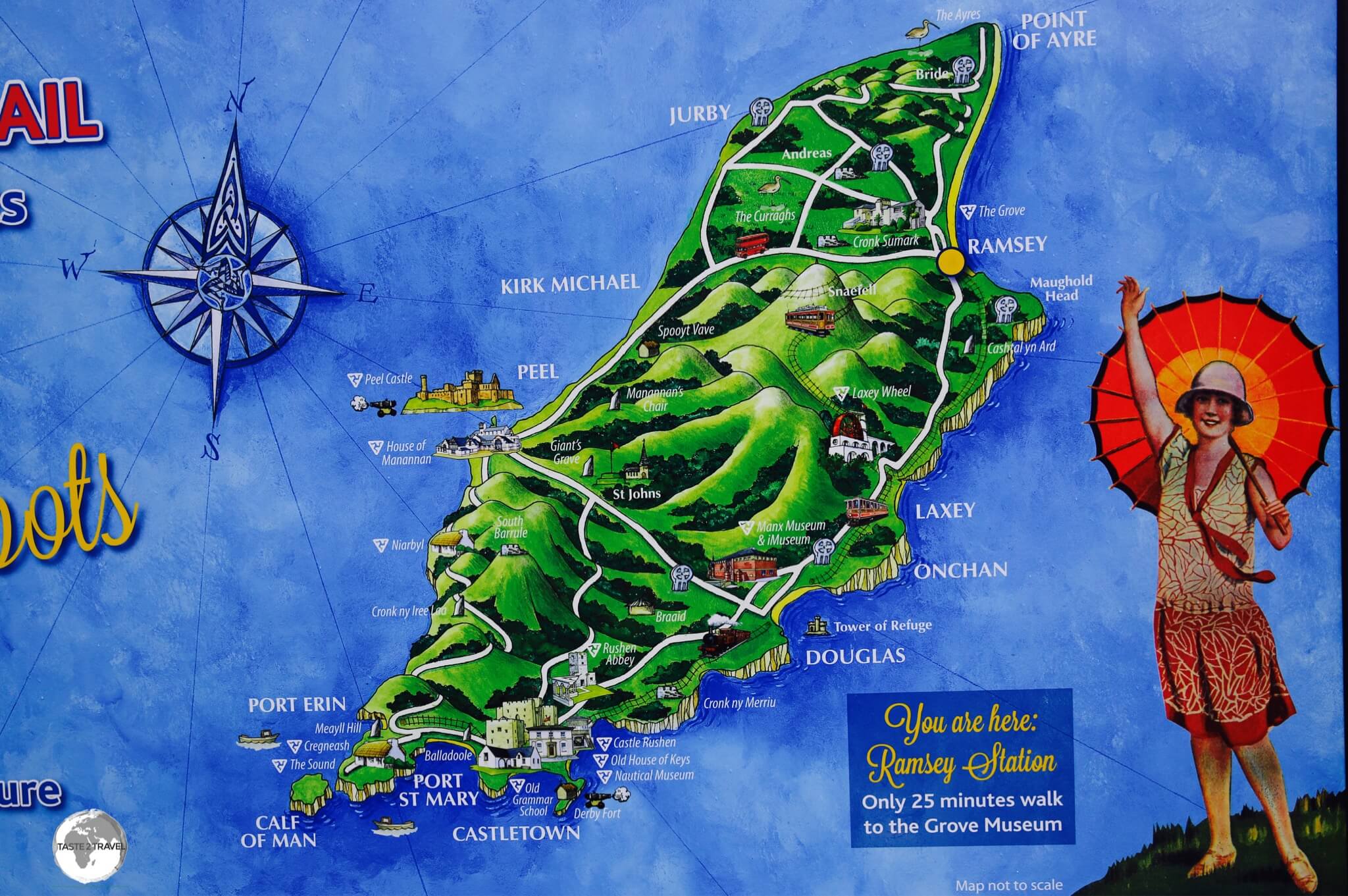 A touring map of the Isle of Man displayed outside Ramsey station.