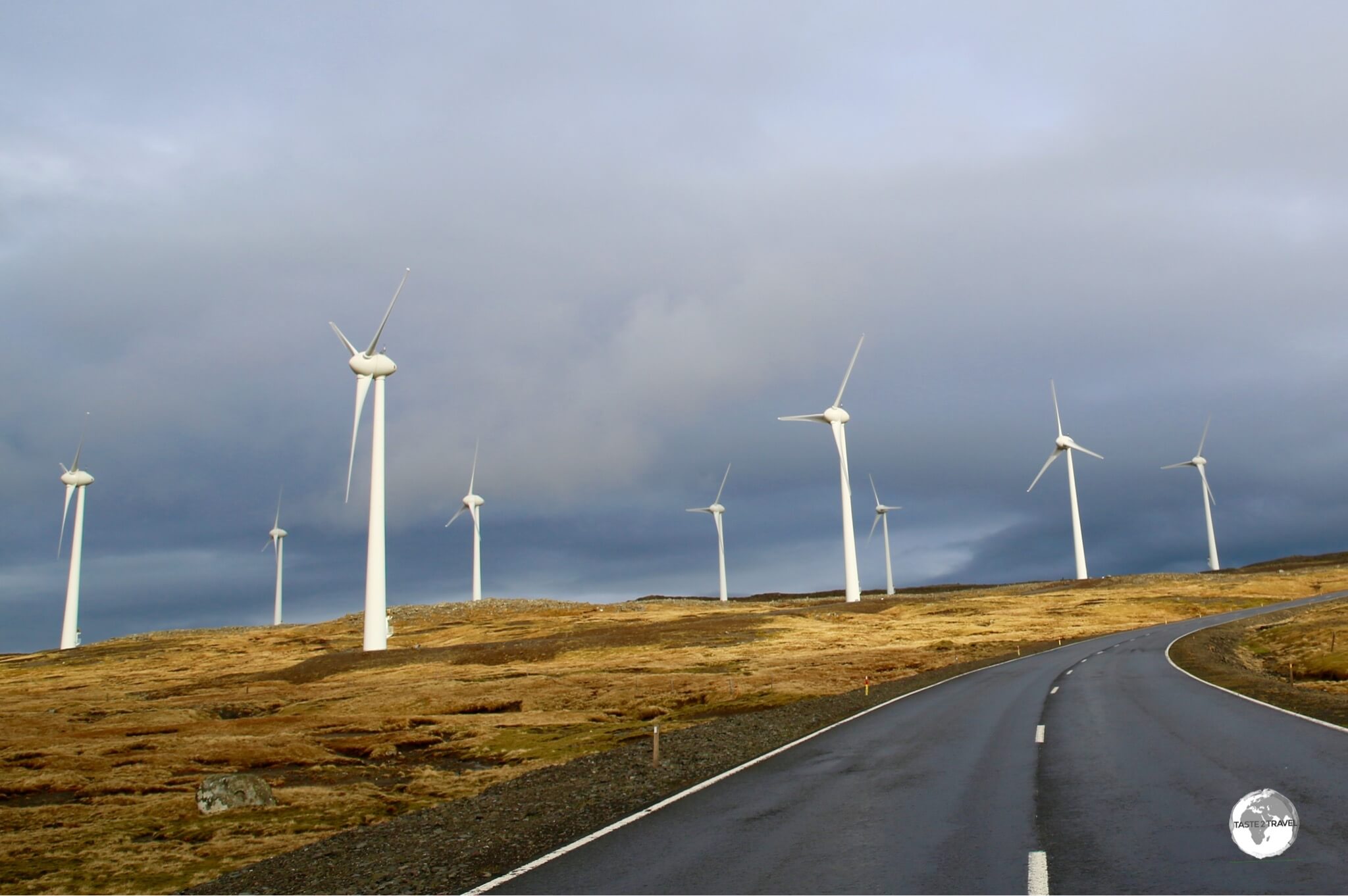 A wind farm located alongside route 10 on the central plateau of Streymoy Island.