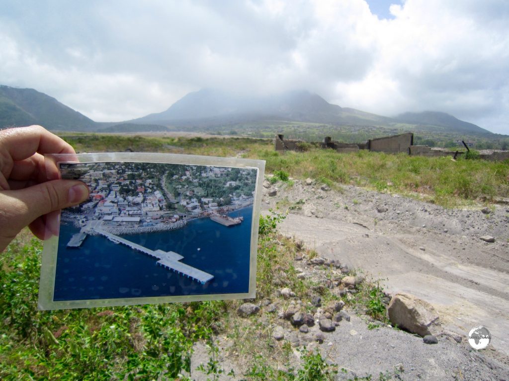 A view of Plymouth before it was destroyed by the volcanic eruption.