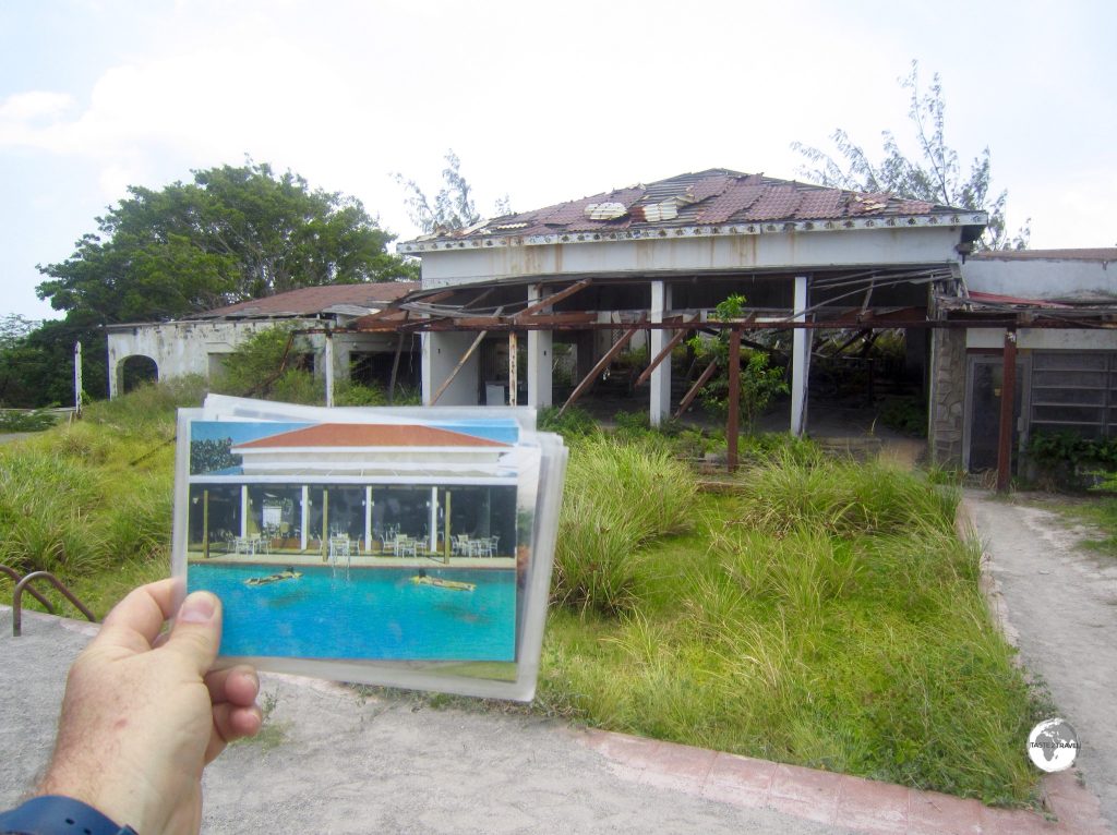 A 'before and after' photo of the pool area at the Montserrat Springs hotel.