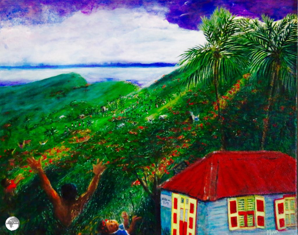 Artwork at the Hilltop Coffee House showing a typical Montserrat landscape.