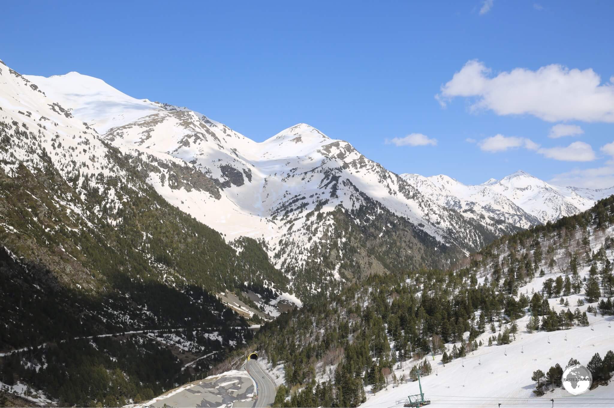 A panoramic view from the Arcalis ski resort (the road tunnel can be seen below).