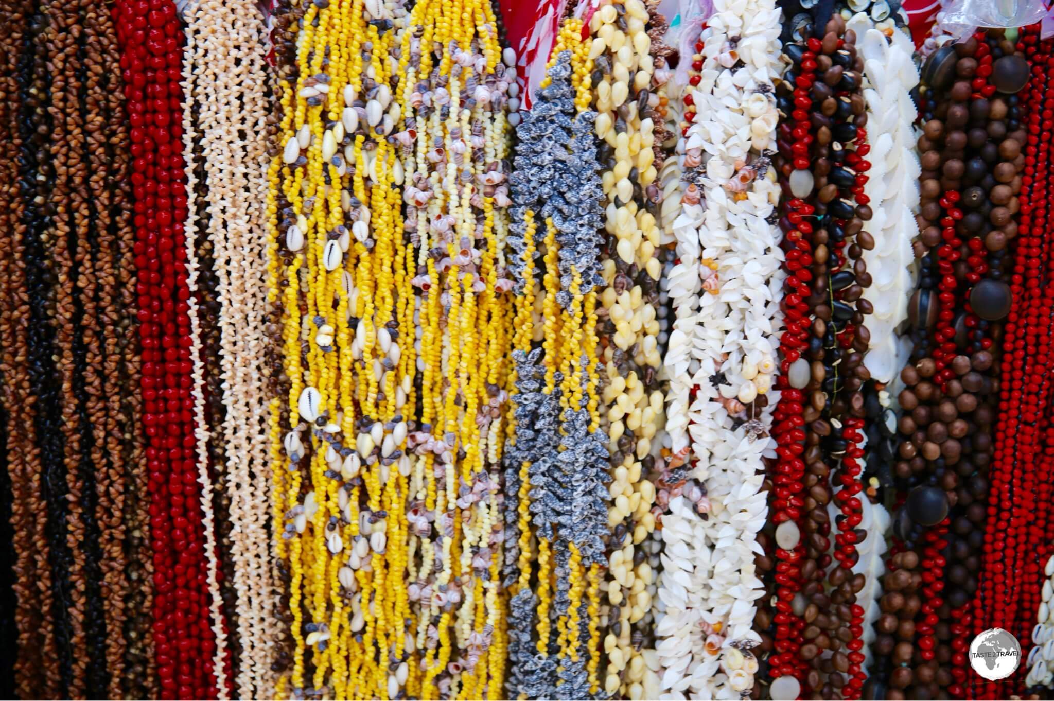 Handmade necklaces for sale at Papeete central market.