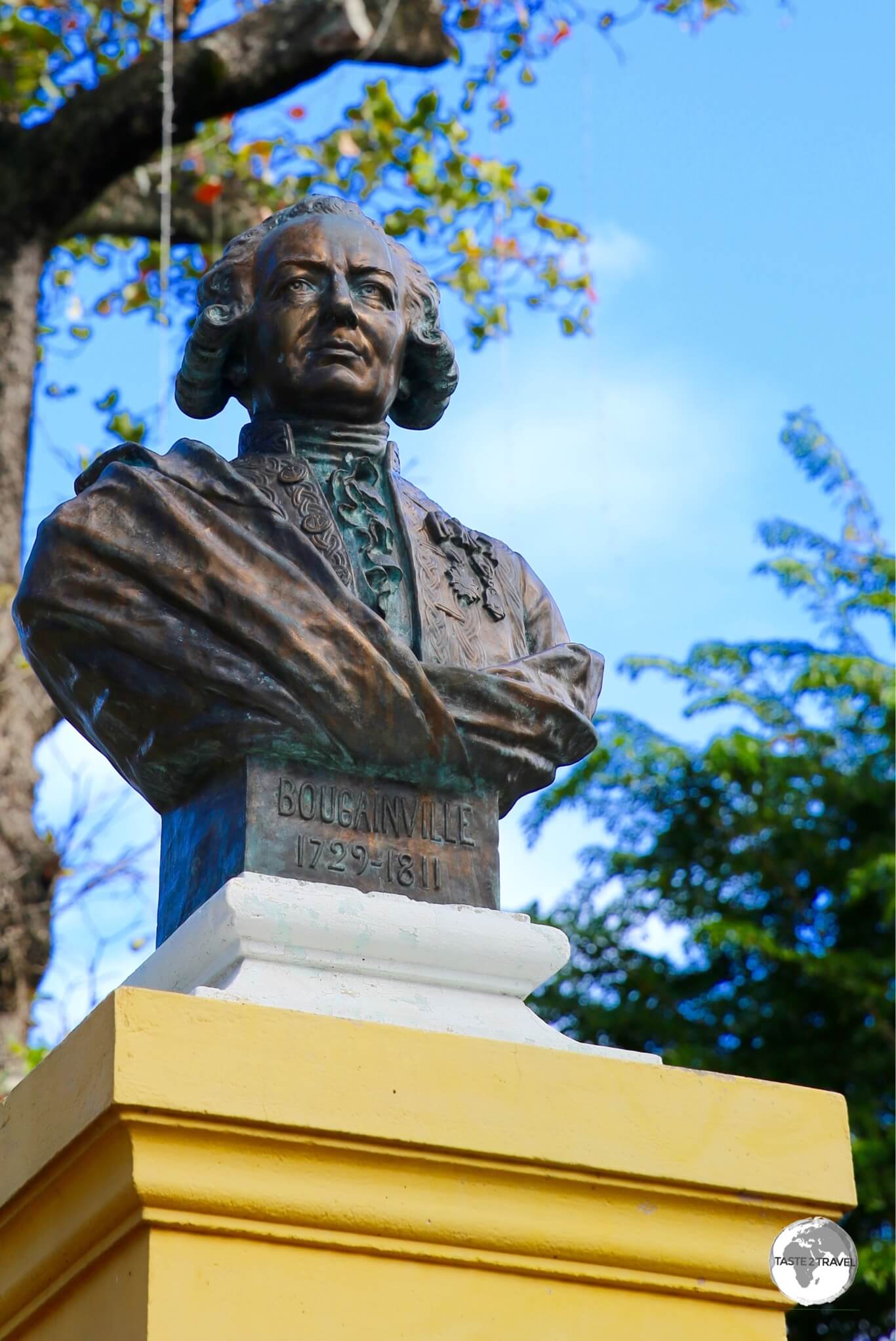 A bust of French explorer Louis Antoine de Bougainville, in the park named in his honour.