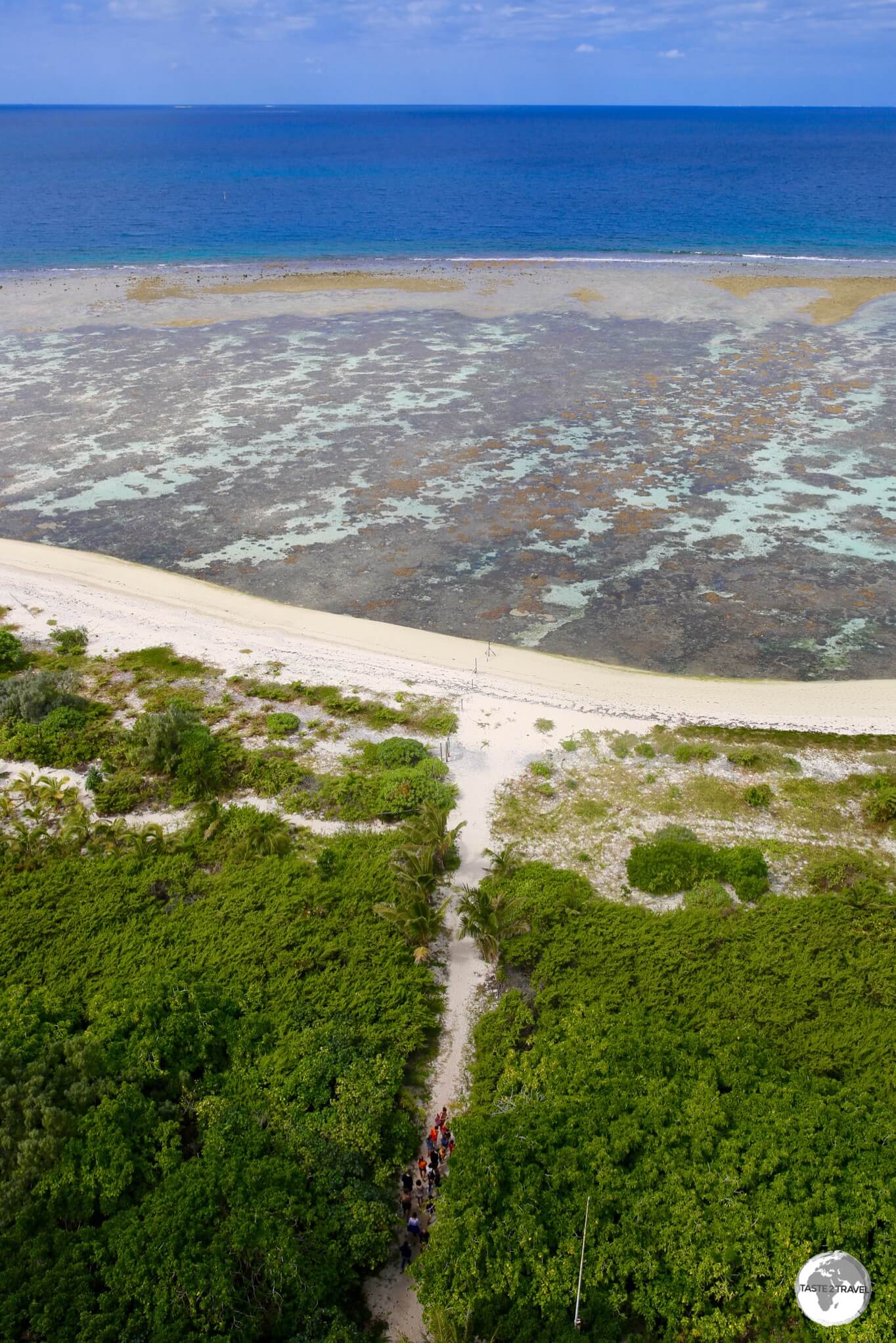 A panoramic view from the top of Amédée Lighthouse shows the reef which surrounds the island.