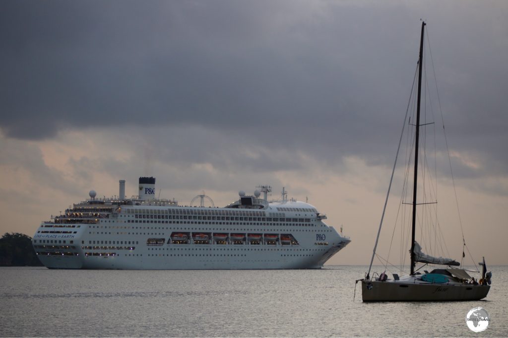 A cruise ship departing Port Vila.