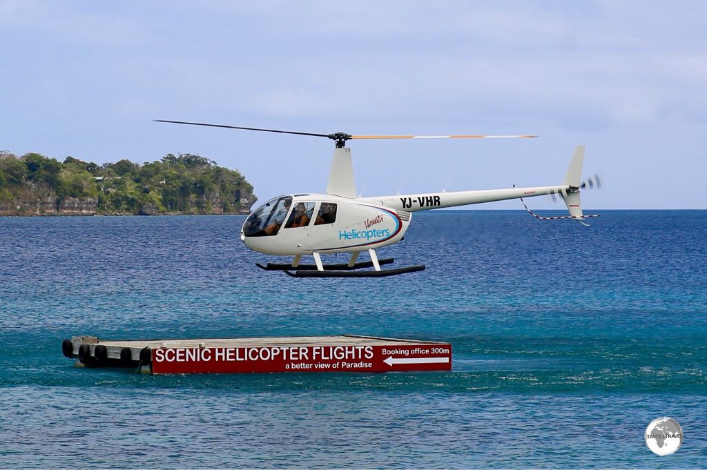 Flights with Vanuatu Helicopter depart from their floating helipad in the harbour.