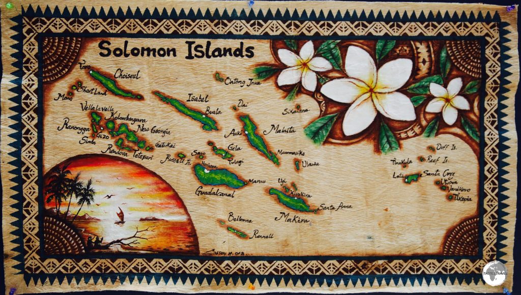 A map of the Solomon Islands painted on traditional Tapa cloth.