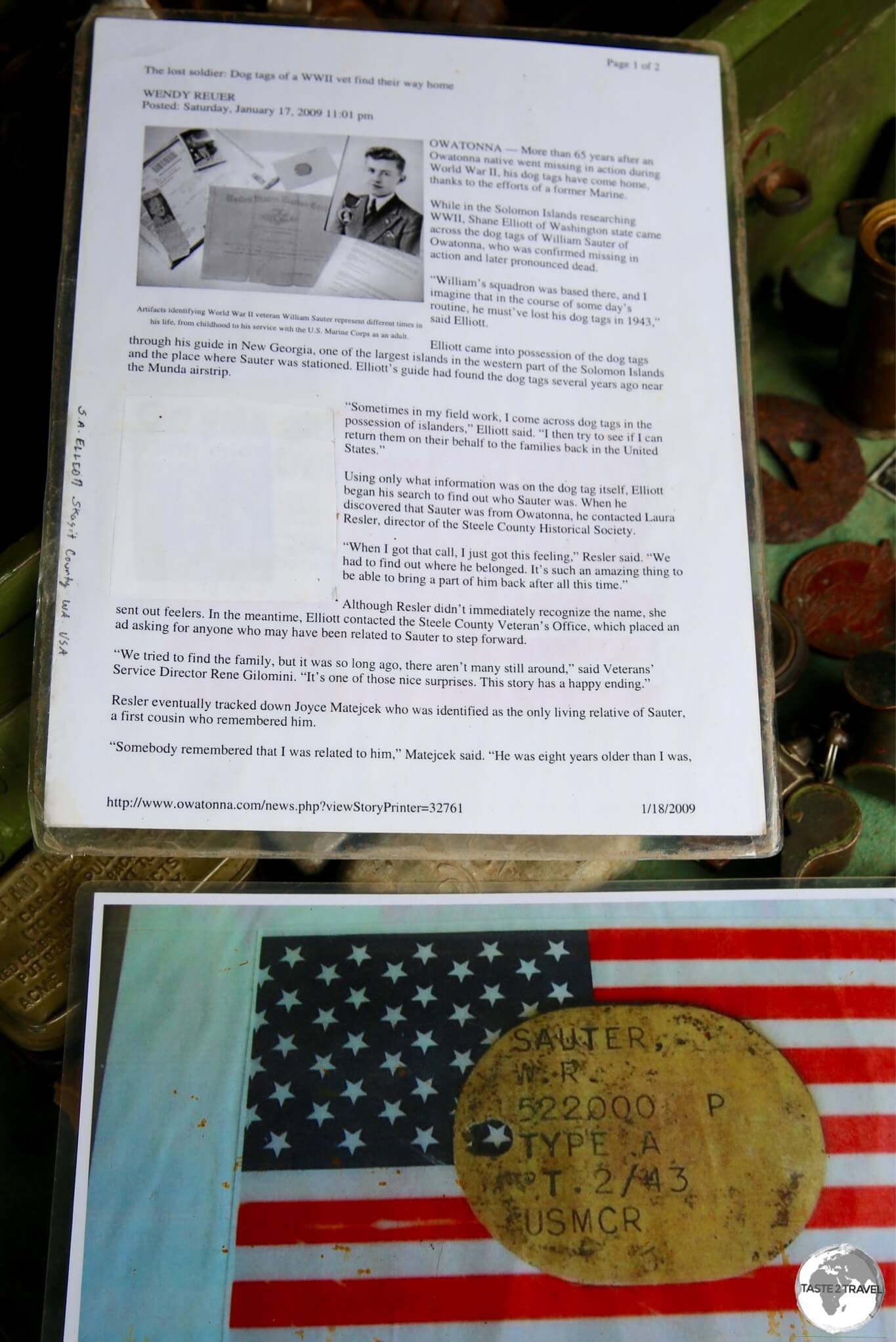 An article from an American newspaper tells of the return of missing Dog Tags from Barney's collection to the original owner.