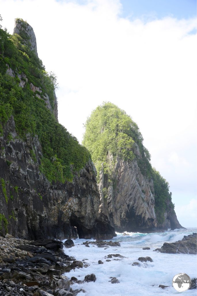 The view of the sheer cliffs of Pola Island from the village of Vatia.