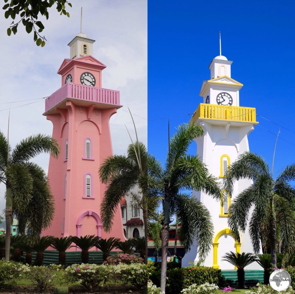 During my visit, the iconic Apia Town Clock changed colour overnight, from a subdued pink to a bright white.