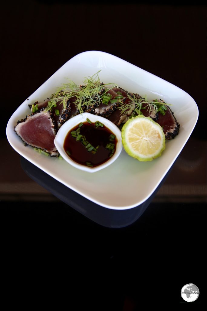 The amazing seared-tuna sashimi which I had for lunch at the restaurant at Litia Sini resort.
