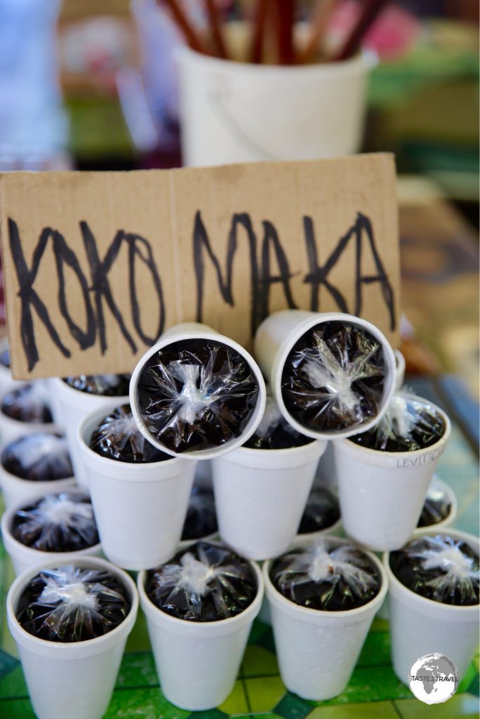 Cups of Koko Samoa on sale at the market in Apia.