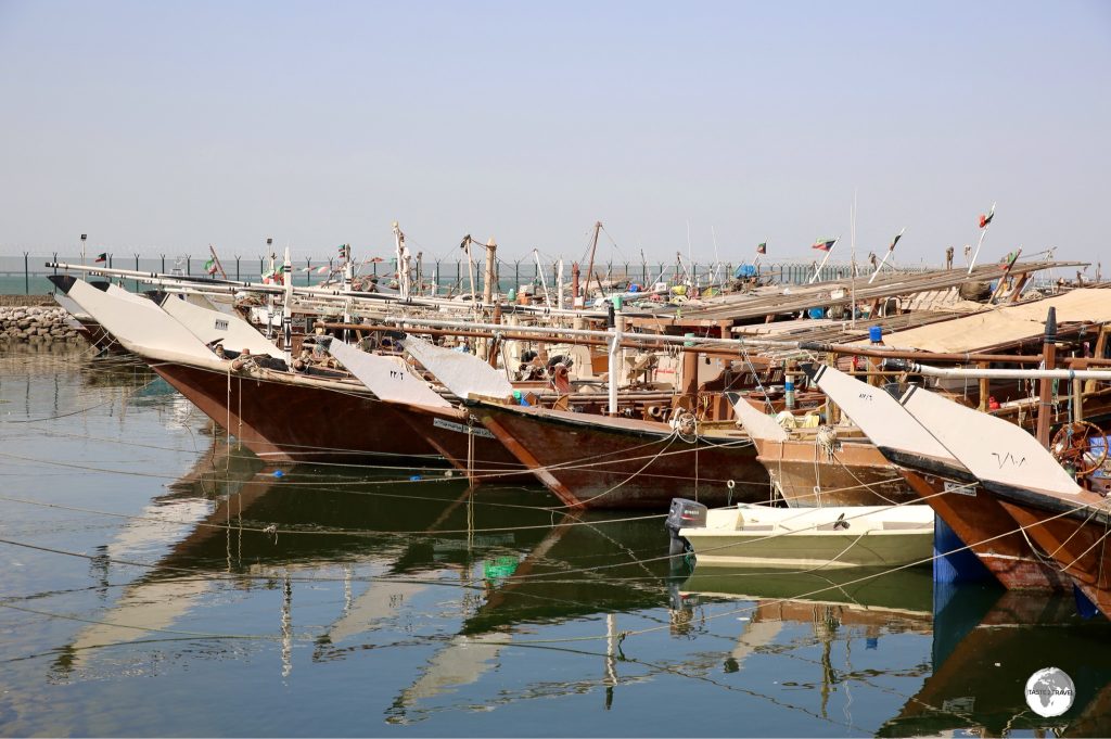Traditional Dhow fishing boats line the Dhow harbour.
