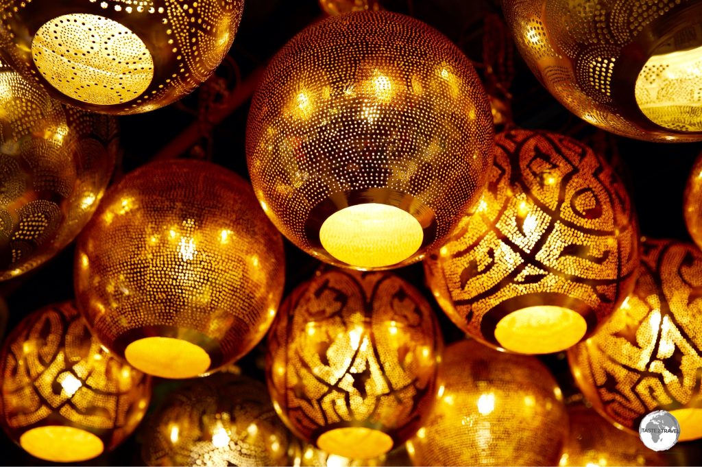 Metallic lanterns on sale at Manama Souk.
