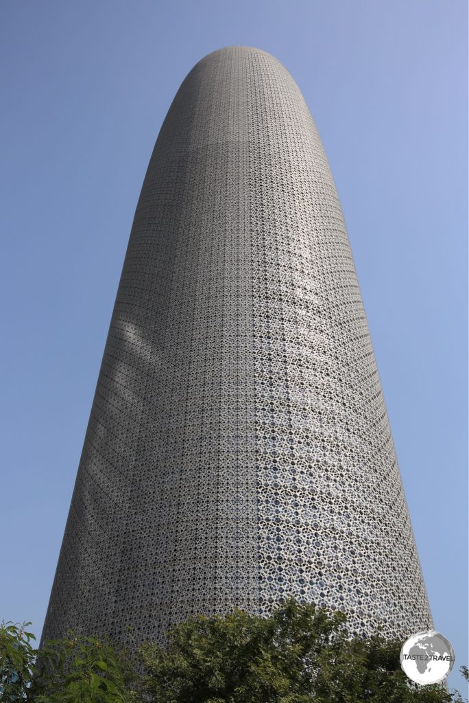 The 232 metre high Doha Tower was designed by French architect Jean Nouvel.