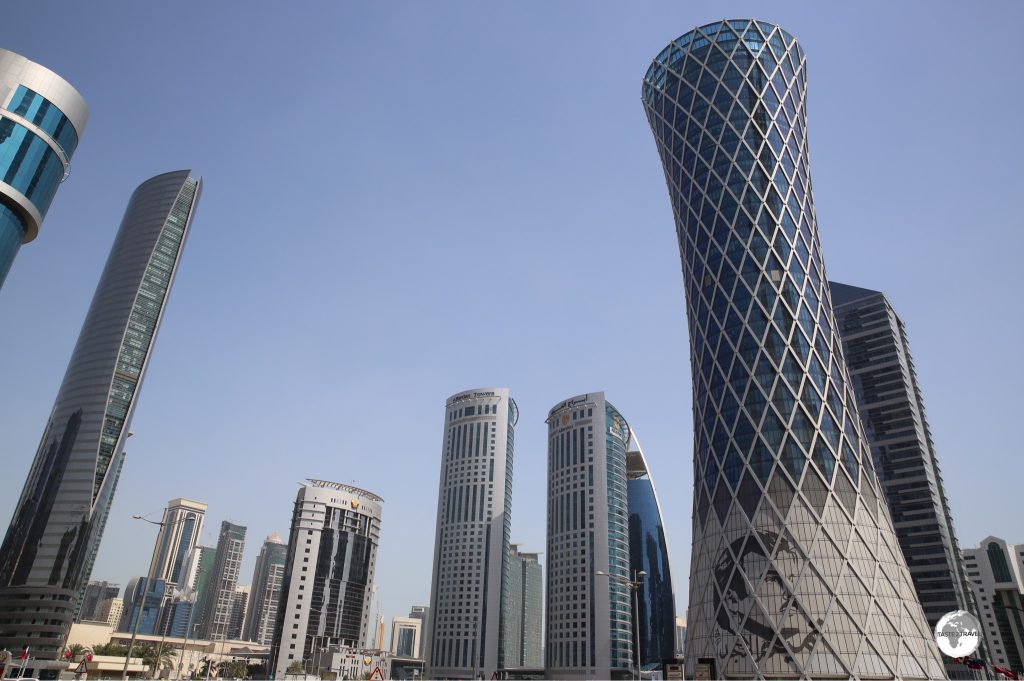 Buildings all over Doha, such as the Tomado Tower, feature the standard silhouetted image of the Emir of Qatar.