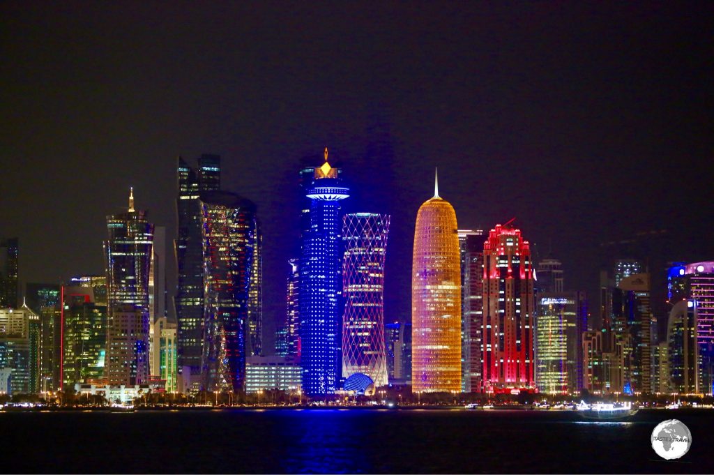 The Doha City Skyline at night.