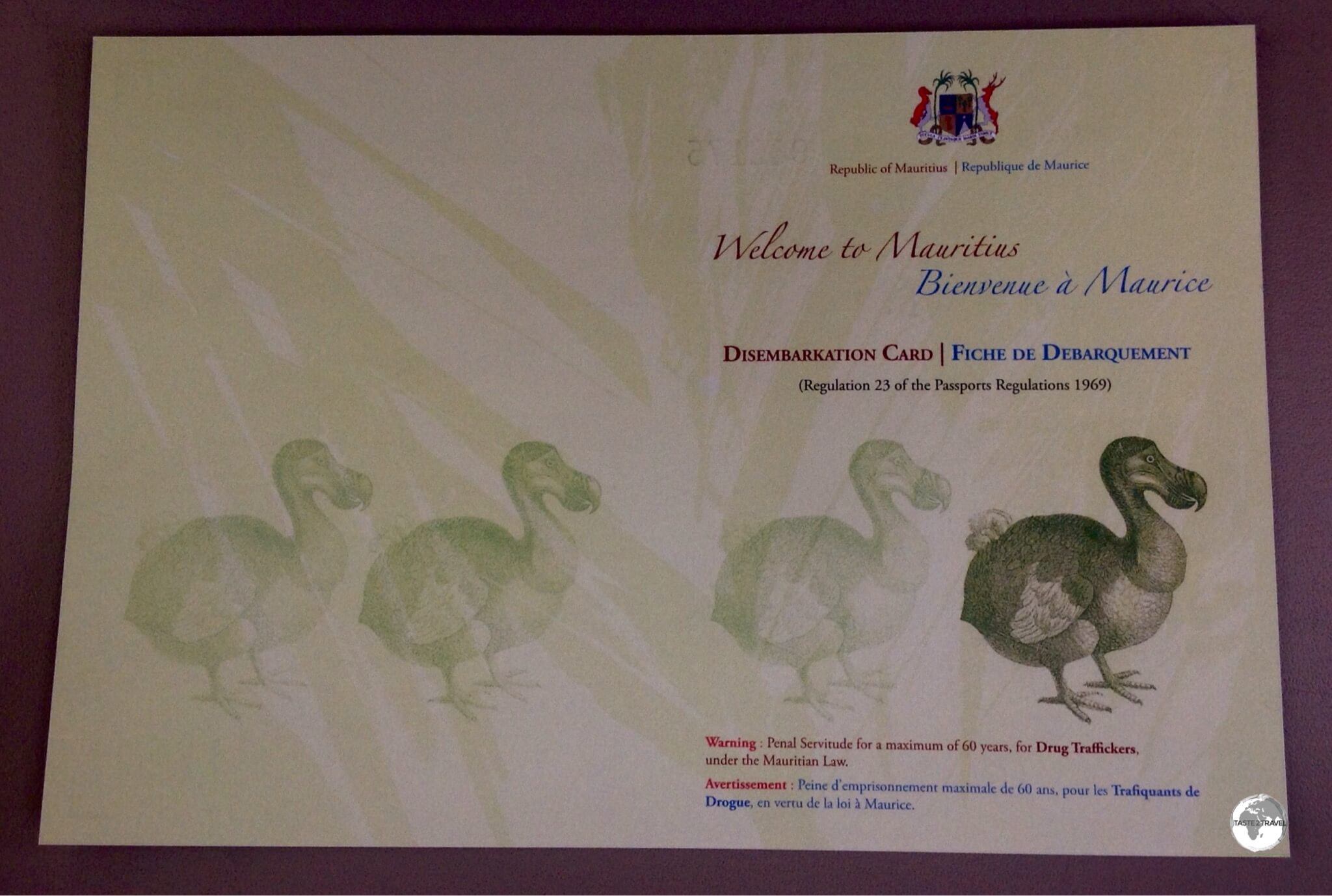 The Mauritian arrival card features the Dodo.