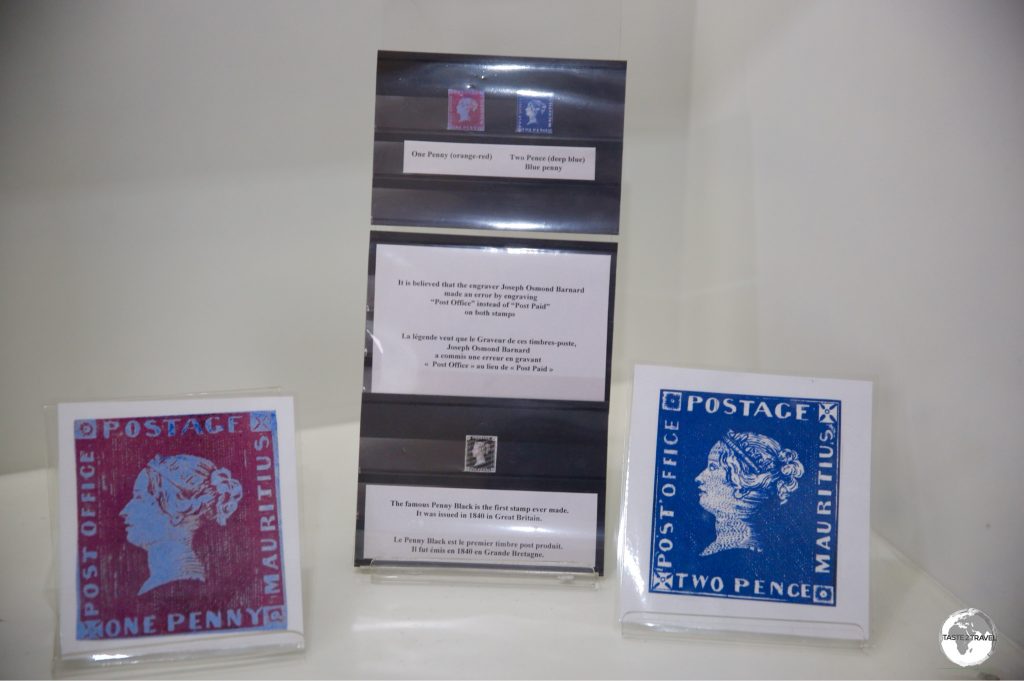 These photocopies of the highly valuable Mauritius “Post Office” stamps are on display at the nearby Postal museum.
