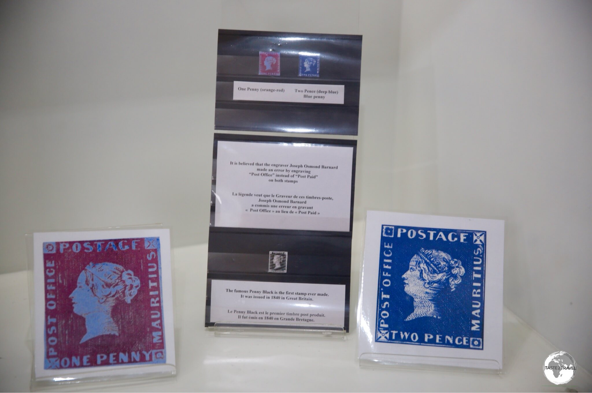 These photocopies of the highly valuable Mauritius "Post Office" stamps are on display at the nearby Postal museum.