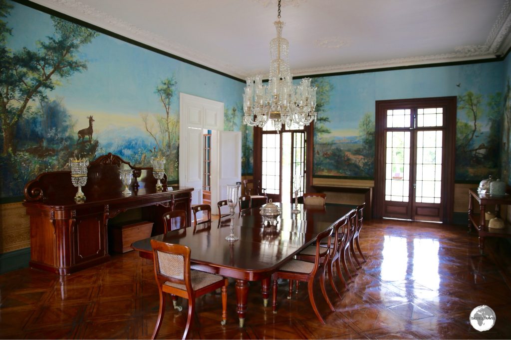 The main dining hall inside the Château is lined with hand-painted wallpaper.