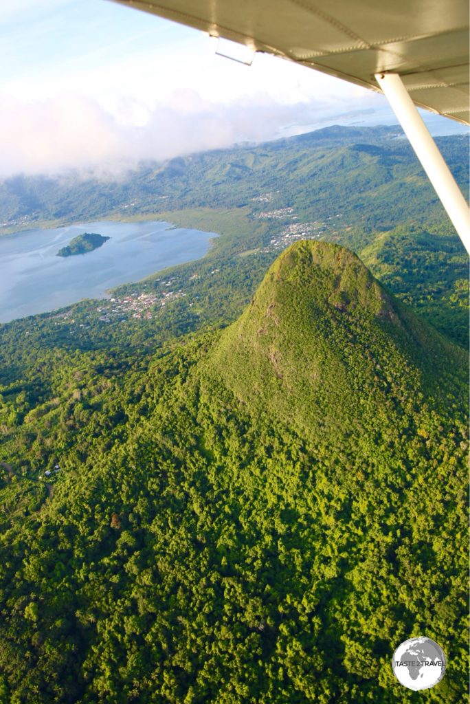 Flying over Mont Choungui, a conical volcanic mountain, located in the south of Mayotte.