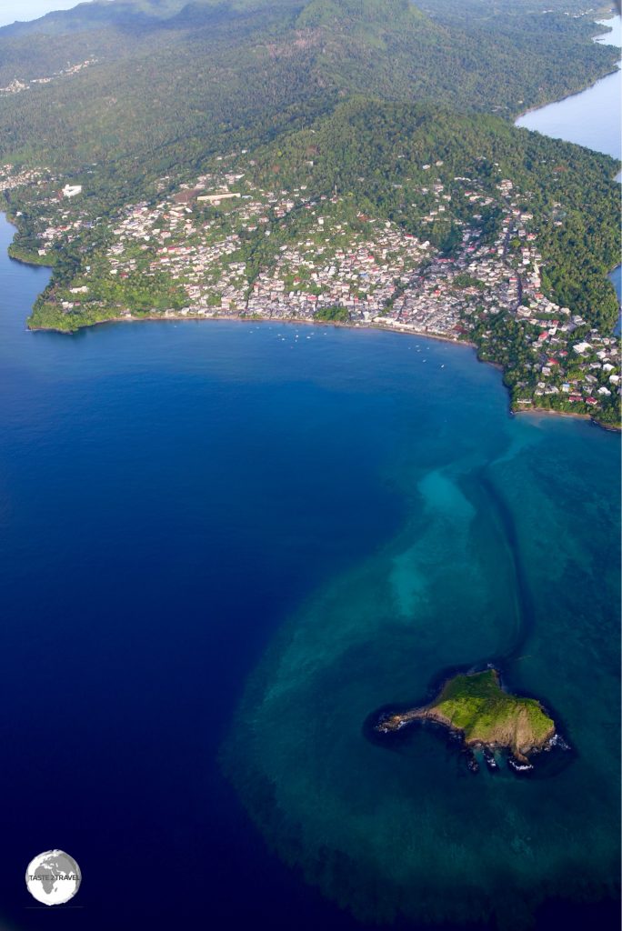 The west coast town of Sada as seen from my ultralight flight over Mayotte.
