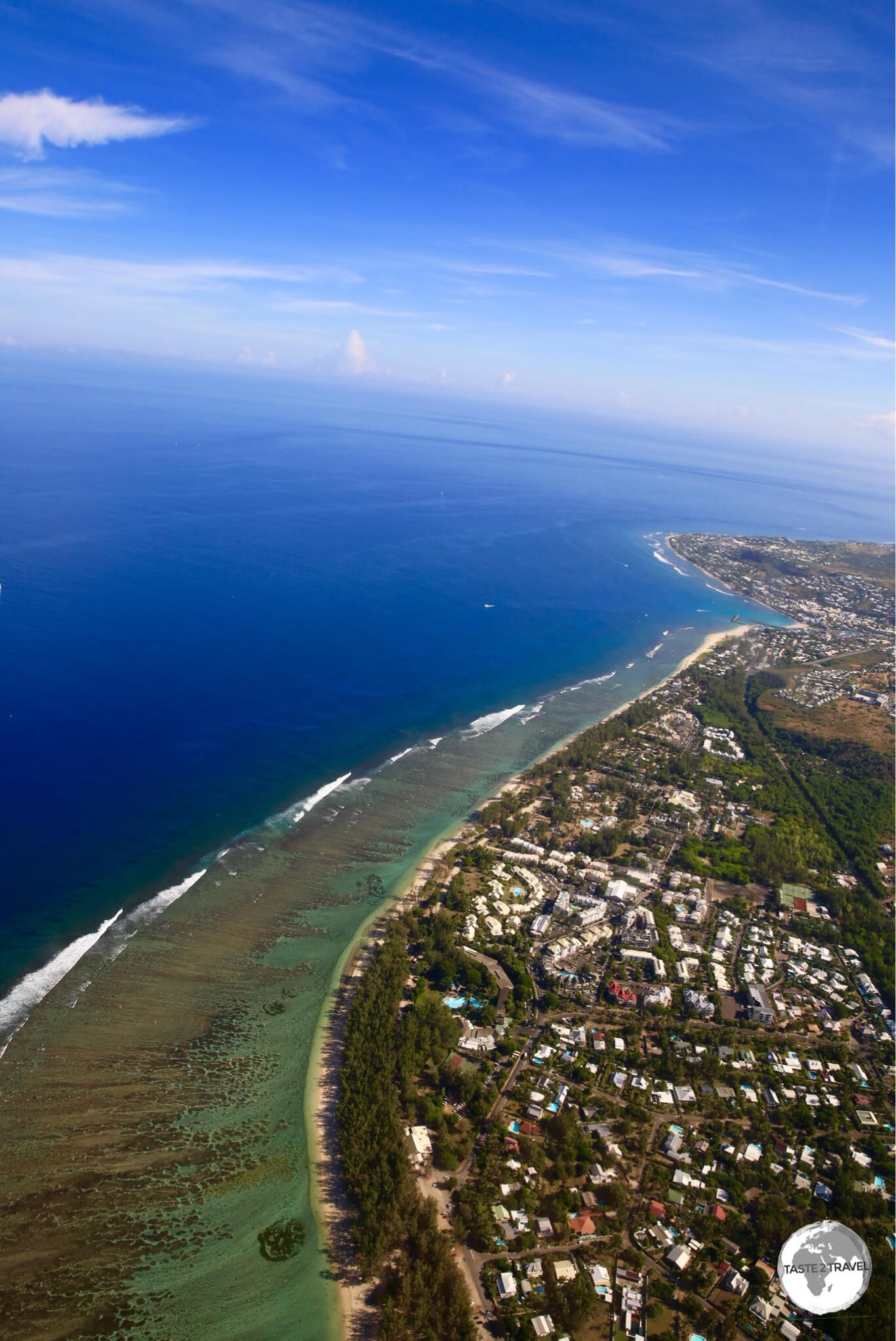 A view from my helicopter flight of the north-west coast shows the coral reef and the lagoon which offers the only protected swimming on Réunion Island.