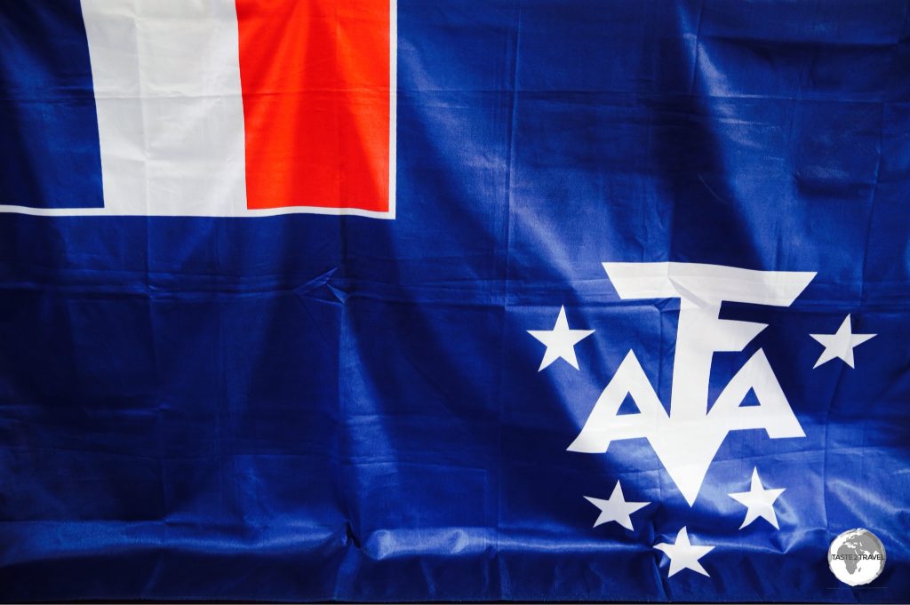 The flag of the French Southern and Antarctic Lands at the TAAF Information centre.
