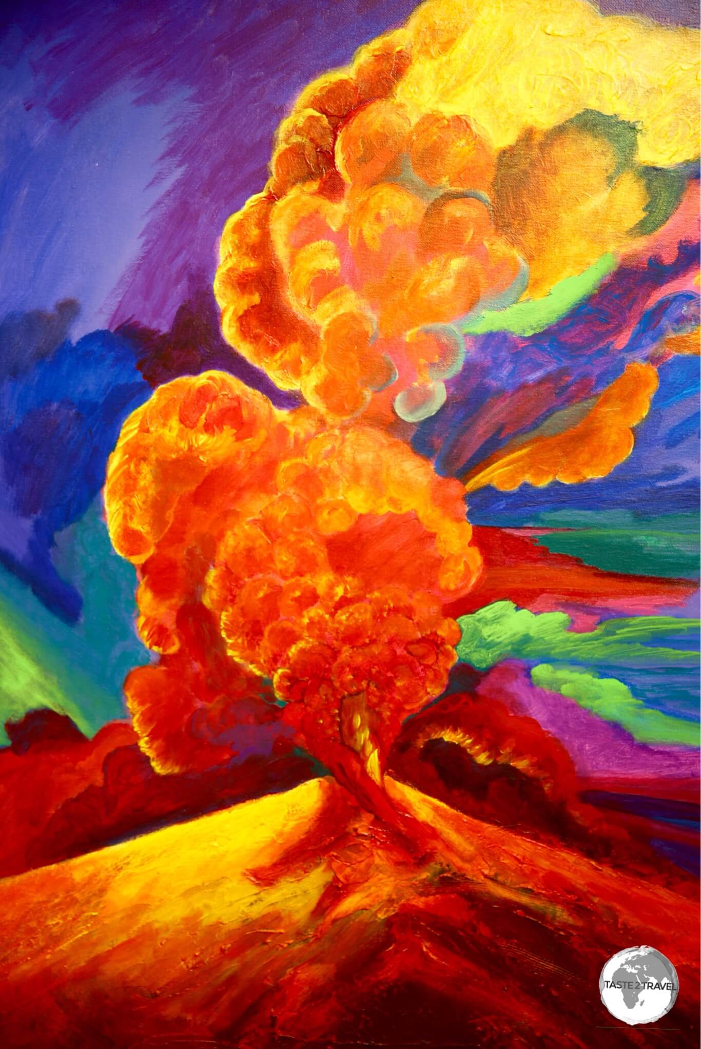 Reunion Travel Guide: An artist's depiction of an eruption of the Piton de la Fournaise, displayed at the Volcano House museum.