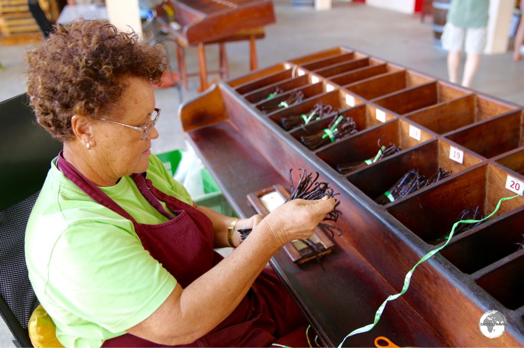 A worker at the Coopérative Pro Vanille sorting vanilla pods into different lengths.