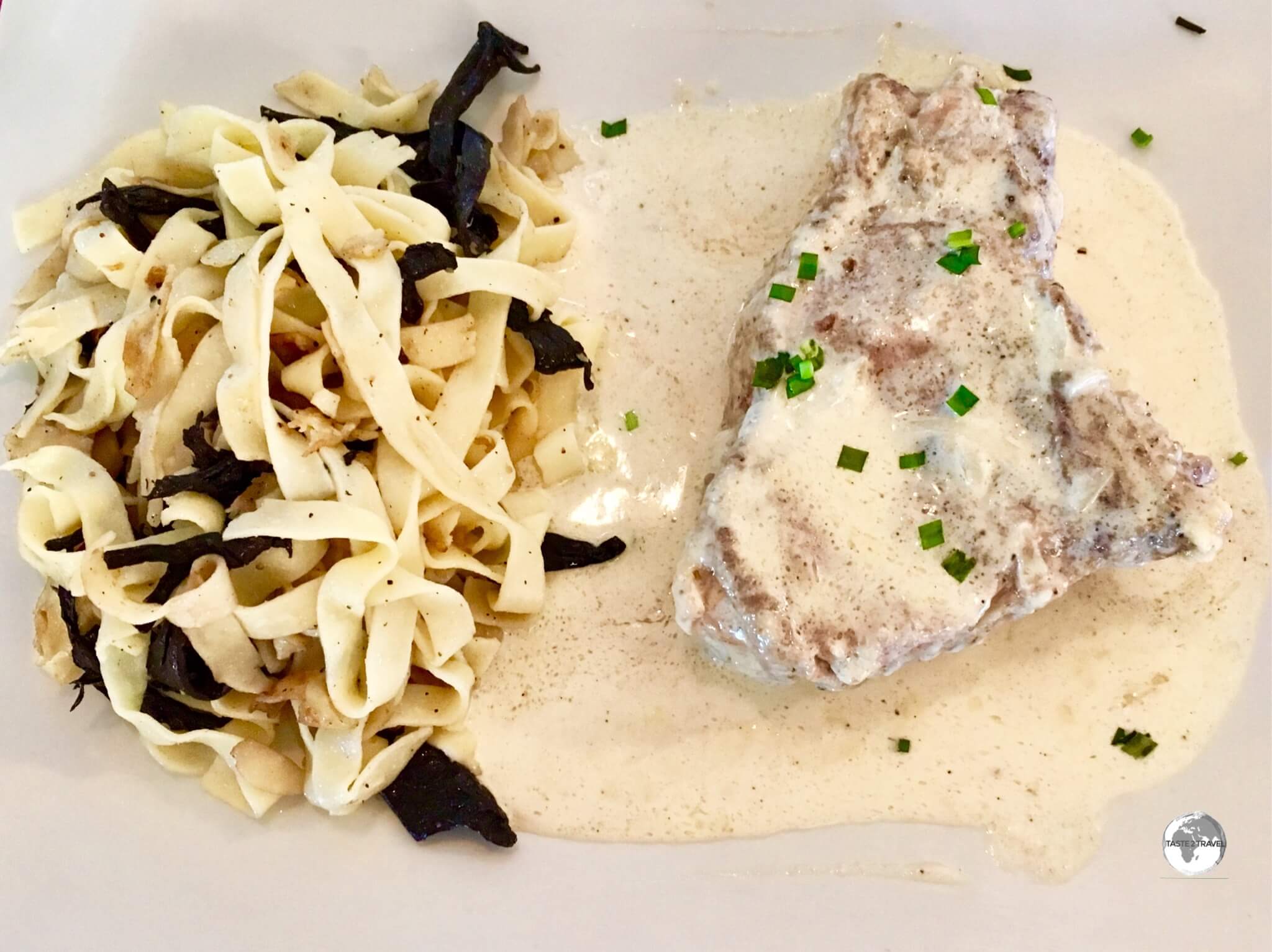 An amazing dinner at Le Faré - veal in a creamy mustard sauce with fresh pasta.