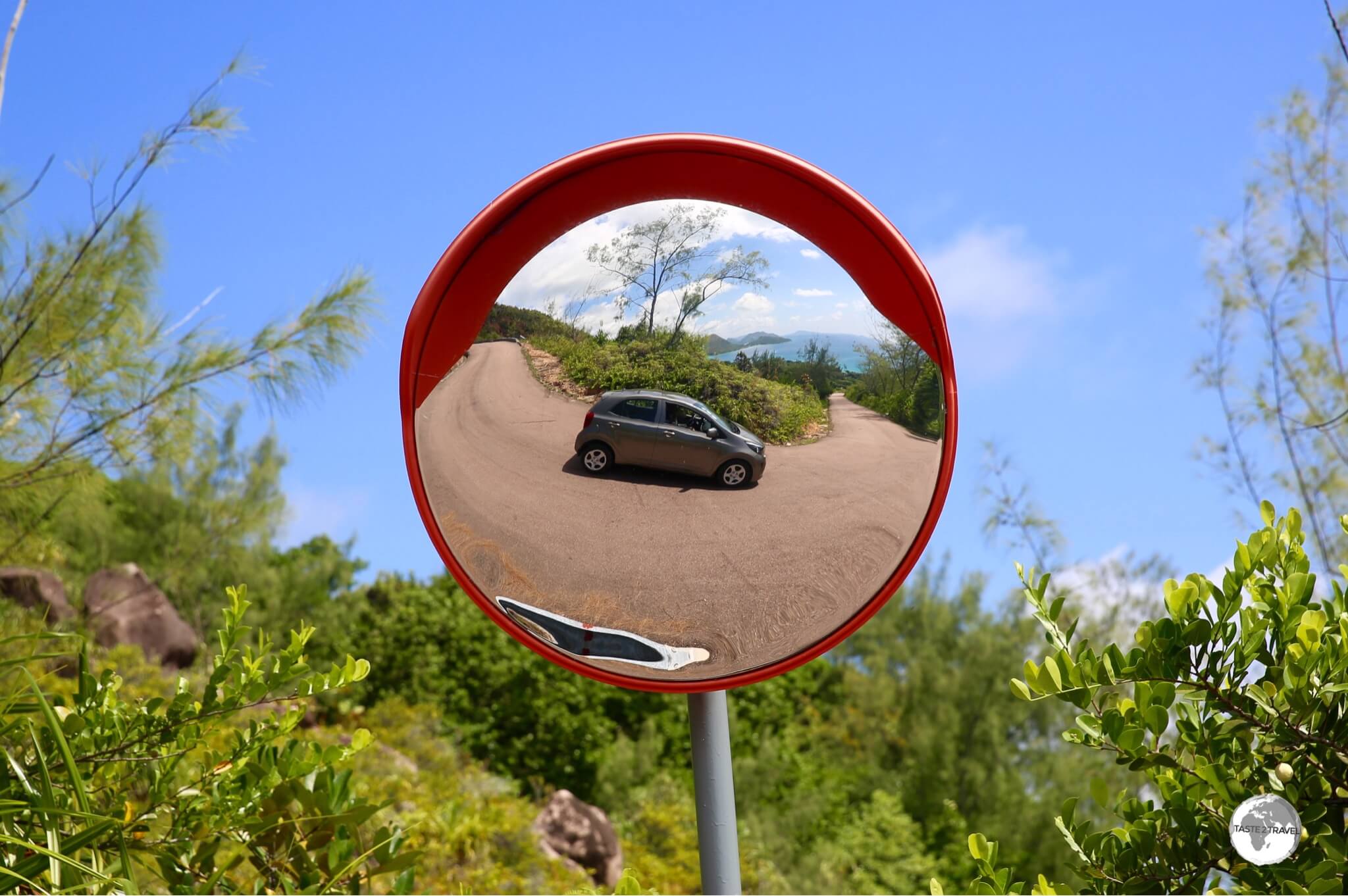 Exploring Praslin Island in my rental car, the only sensible option for exploring this slice of paradise.