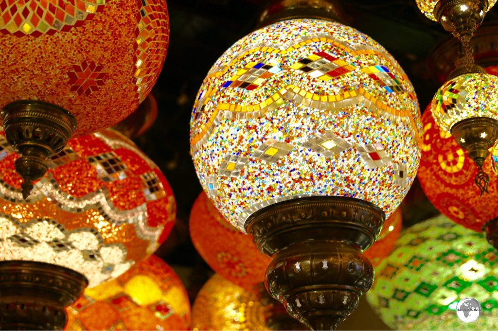 Colourful glass lanterns on sale at Manama Souk.