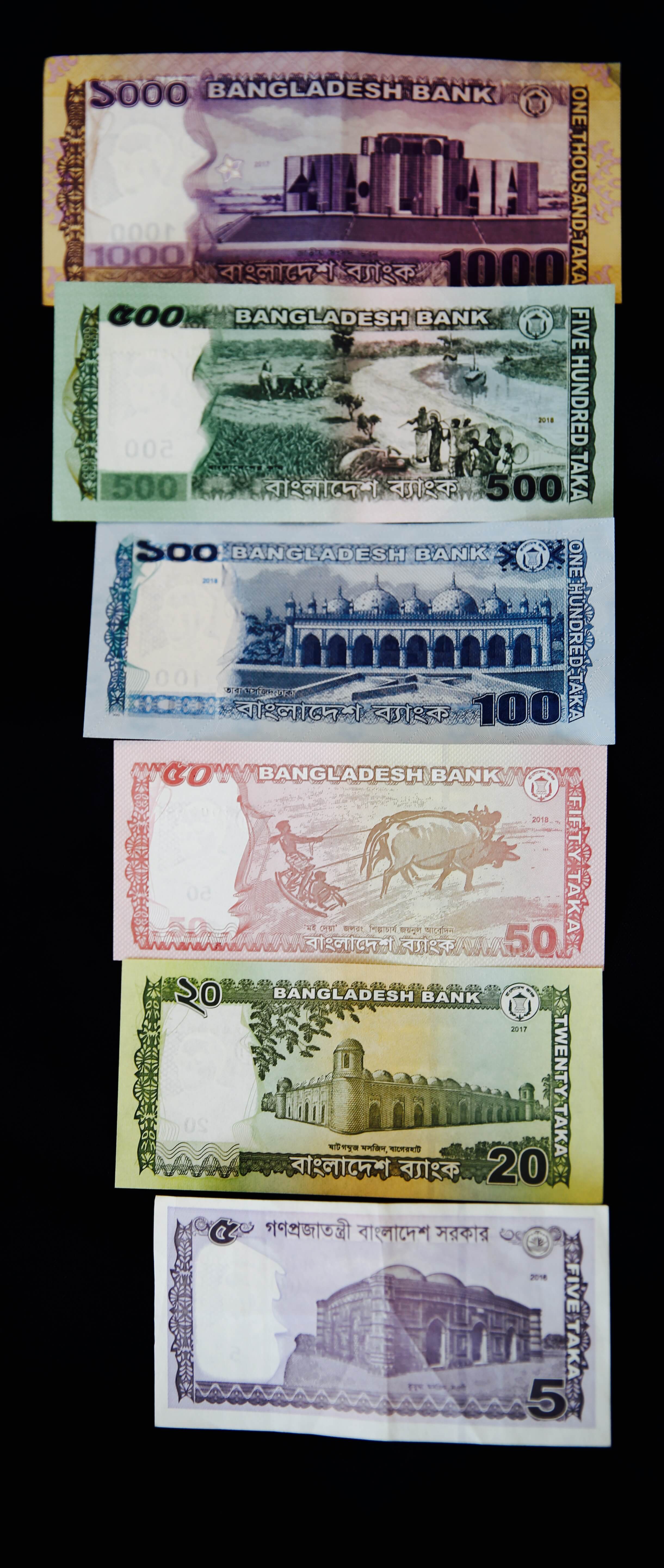 The reverse side of the Taka features famous buildings and rural scenes.