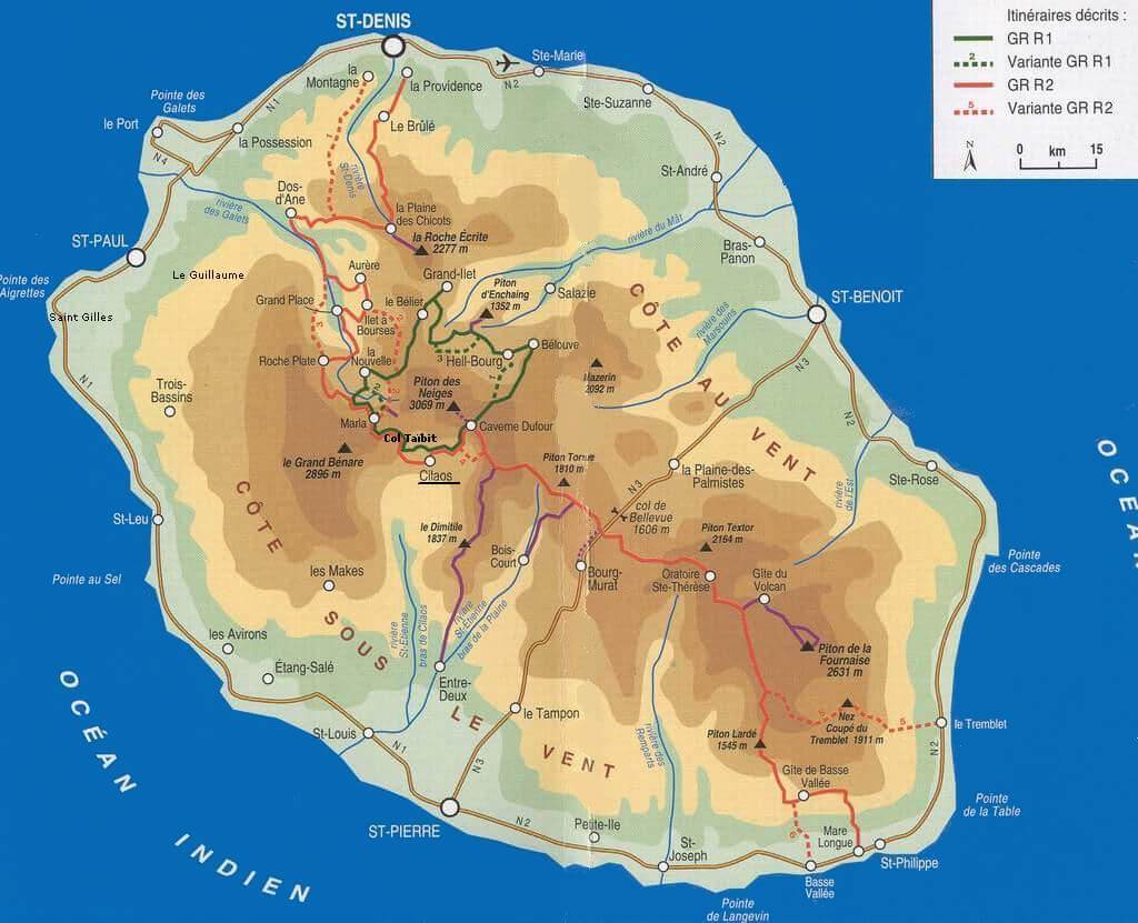 A map illustrating the GR R1 and GR R2 hiking trails on Reunion.